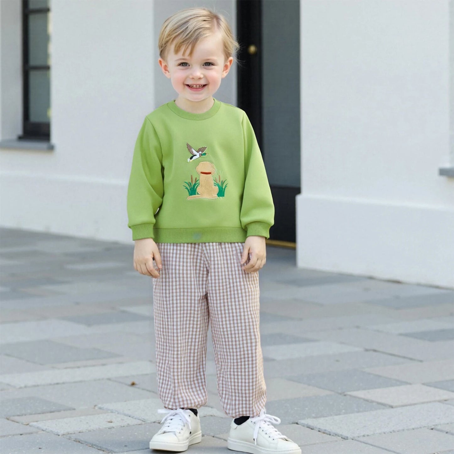 Boys' Long Sleeve Duck Embroidery Top & Plaid Pants Set