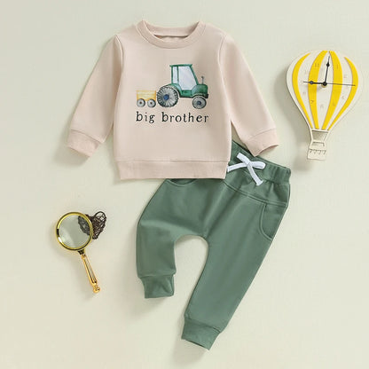 Boys' Autumn 2-Piece Tractor Print Top and Pants Set