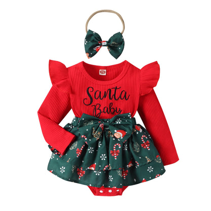 Christmas Baby Girls Long Sleeve Romper Dress with Headband