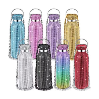 Rhinestone Stainless Steel Water Bottle with Carrying Strap