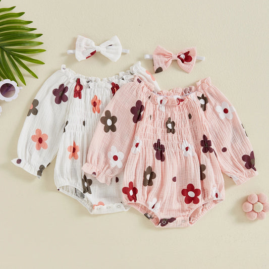 Autumn Floral Ruffled Bodysuit Set for Baby Girls with Headband
