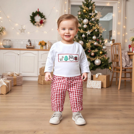 Baby Boys' 2-Piece Christmas Outfit Set with Embroidery and Plaid