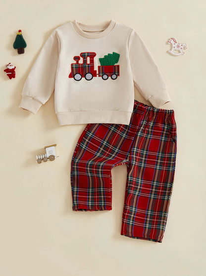 Infant Boys Christmas Sweatshirt & Plaid Pants Set 0-3Y