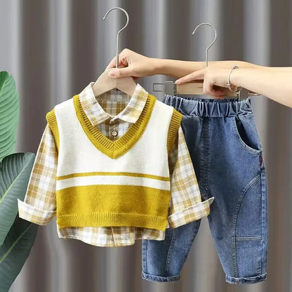 Boys' 3-Piece Autumn Outfit Set: Vest, Shirt & Jeans