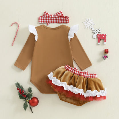 Newborn Baby Girl Gingerbread Christmas Romper & Headband Set