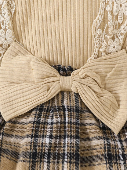 Plaid Long Sleeve Jumpsuit with Bow for Baby Girls 0-18M