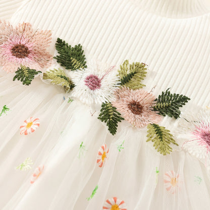 Baby Girls Floral Embroidery Long Sleeve Tulle Dress