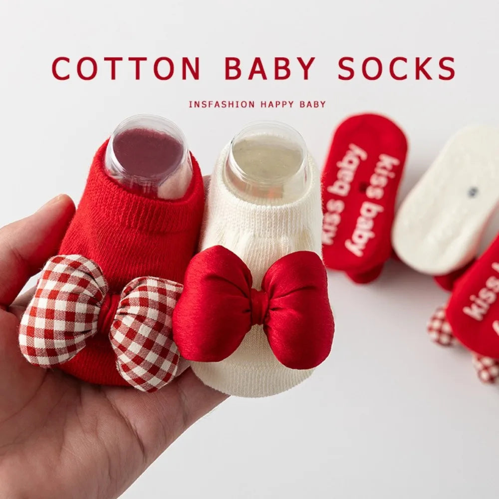 Cotton Baby Socks with Red Bow for Newborns 0-3 Years