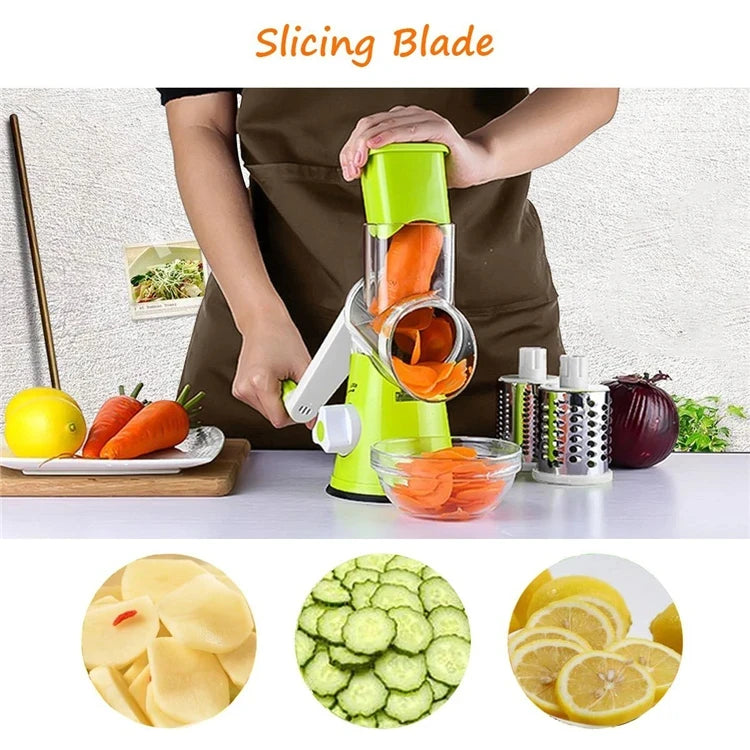 Manual Rotary Cheese Grater and Vegetable Slicer with 3 Interchangeable Stainless Steel Drums