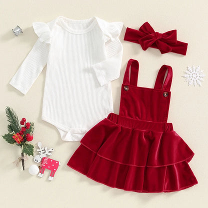 Newborn Baby Girl Christmas Romper Skirt Set with Headband