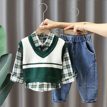 Boys' 3-Piece Autumn Outfit Set: Vest, Shirt & Jeans