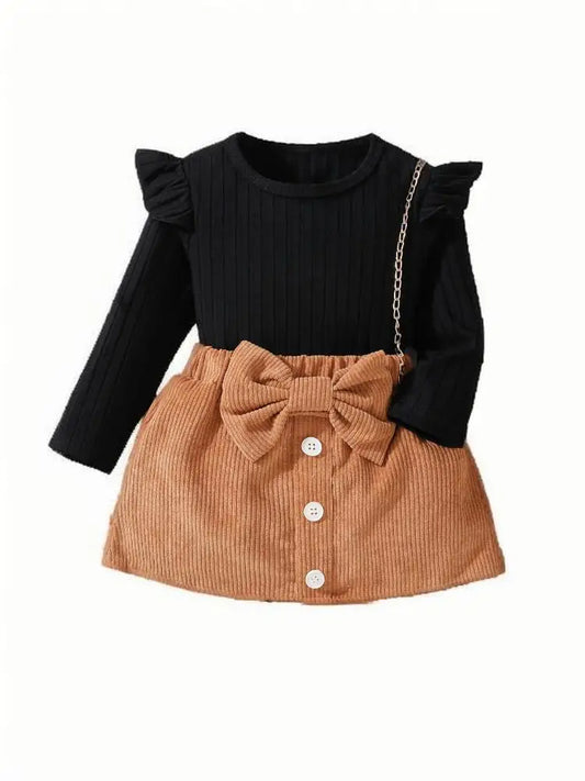 Black Long Sleeve Top & Bow Corduroy Skirt Set for Fall