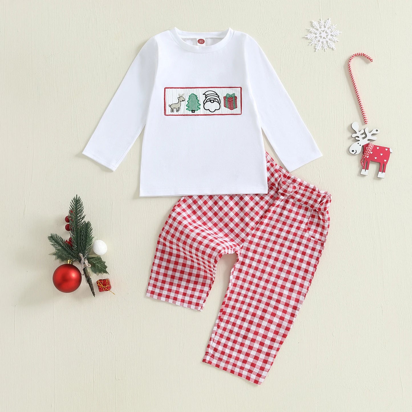 Baby Boys' 2-Piece Christmas Outfit Set with Embroidery and Plaid