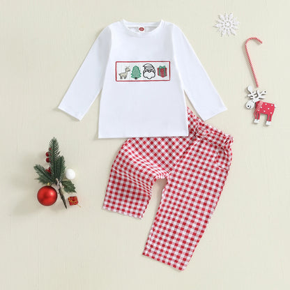 Baby Boys' 2-Piece Christmas Outfit Set with Embroidery and Plaid