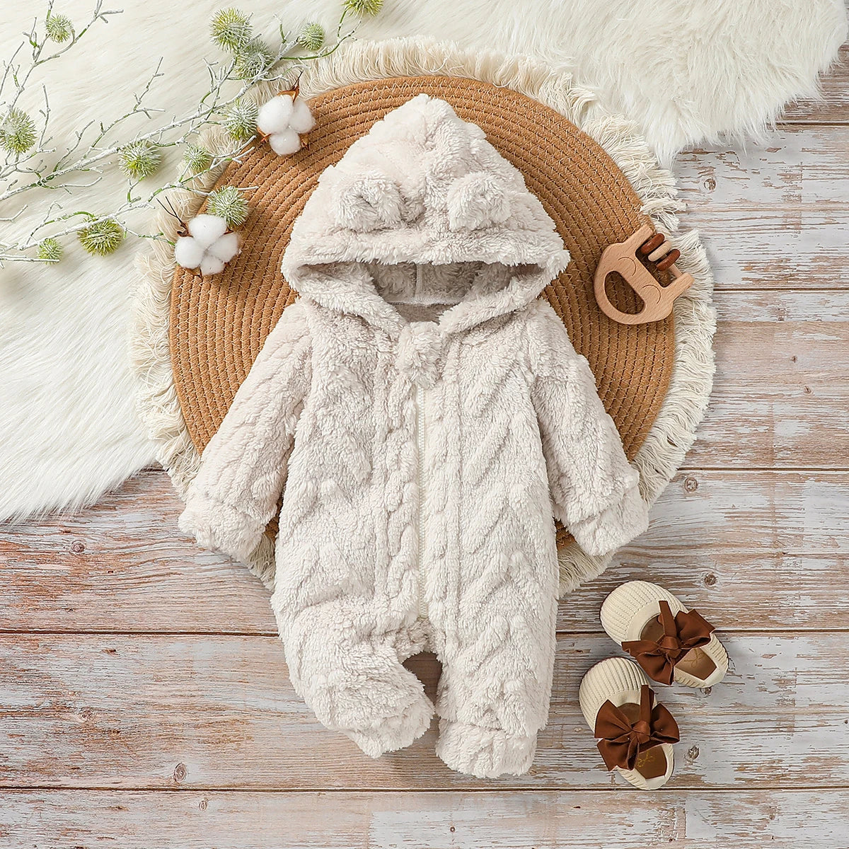 Boys' Plush Hooded Zip Jumpsuit for Newborn Winter Wear