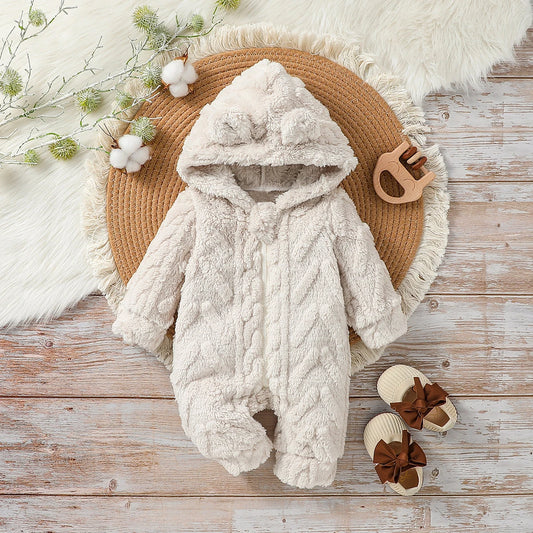 Boys' Plush Hooded Zip Jumpsuit for Newborn Winter Wear