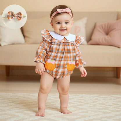 Baby Girls Plaid Romper with Embroidered Collar & Headband Set