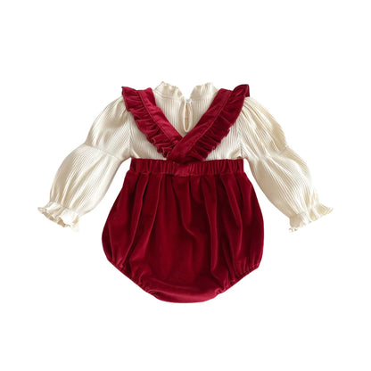 Burgundy Velvet Baby Romper with Bow and Ruffle 0-24M