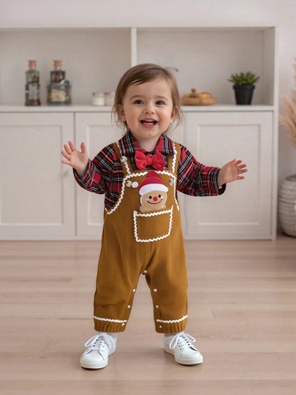 Baby Boys Christmas Plaid Romper with Gingerbread Embroidery