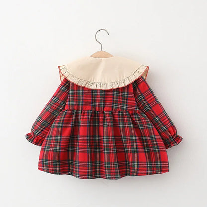 Red Plaid Baby Dress Set with Rabbit Doll for Girls