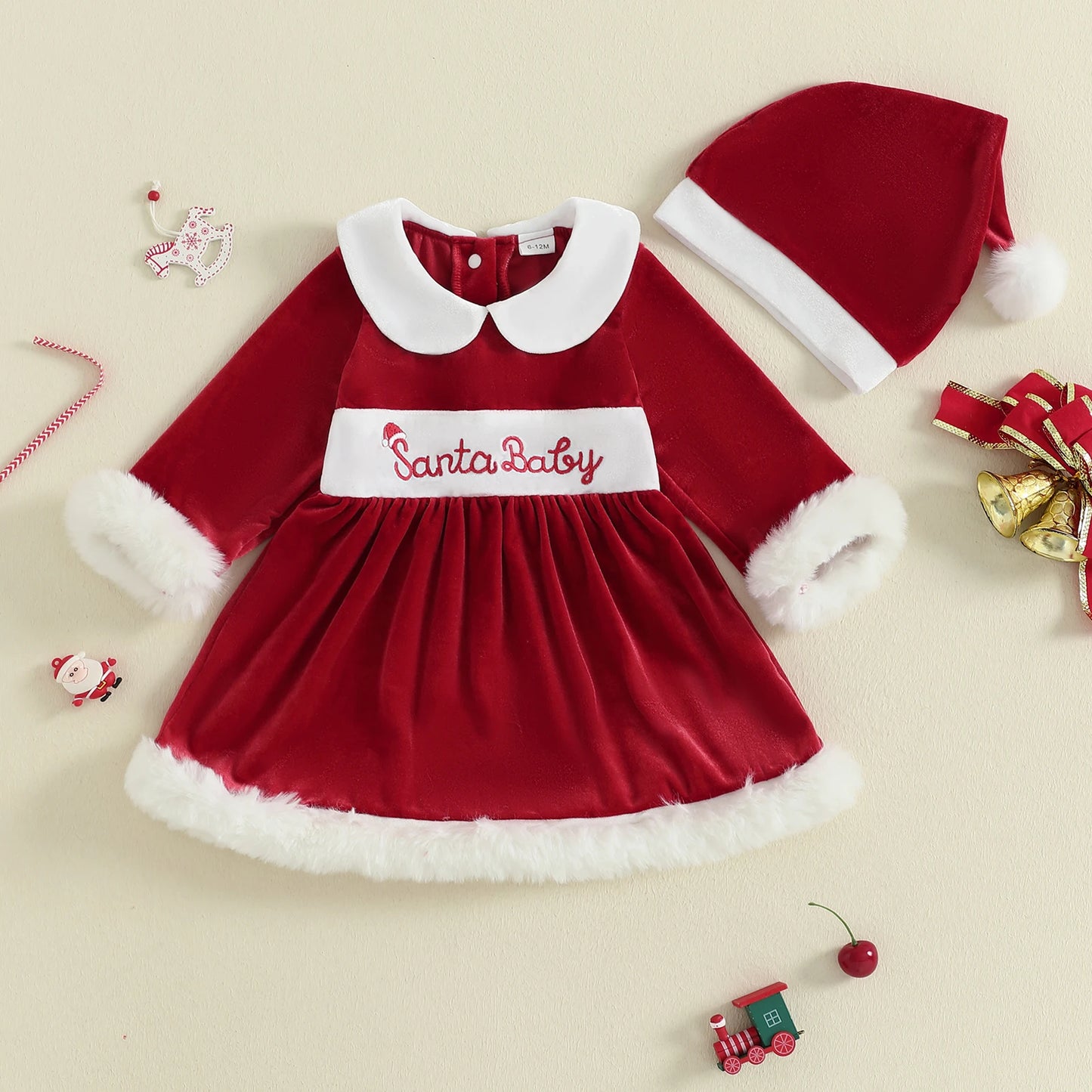 Baby Girl Christmas Velvet Dress with Santa Hat Set