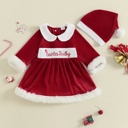 Baby Girl Christmas Velvet Dress with Santa Hat Set