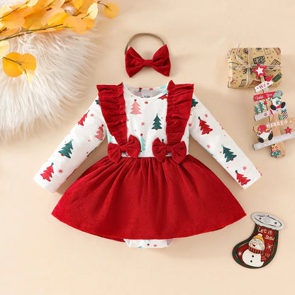 Tree Print Red Corduroy Baby Girl Dress for New Year's Eve