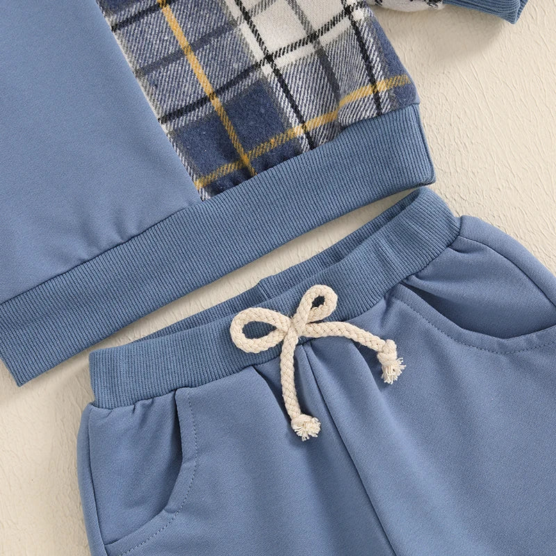 Kids Autumn Plaid Outfit Set with Long Sleeve Tops and Pants