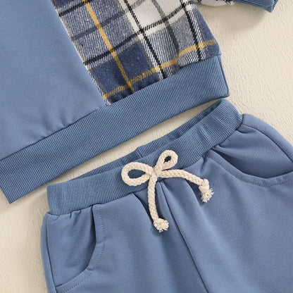 Kids Autumn Plaid Outfit Set with Long Sleeve Tops and Pants