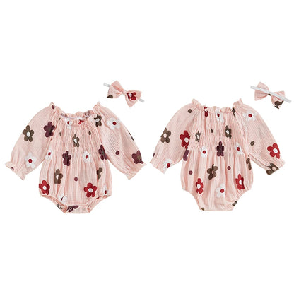 Autumn Floral Ruffled Bodysuit Set for Baby Girls with Headband