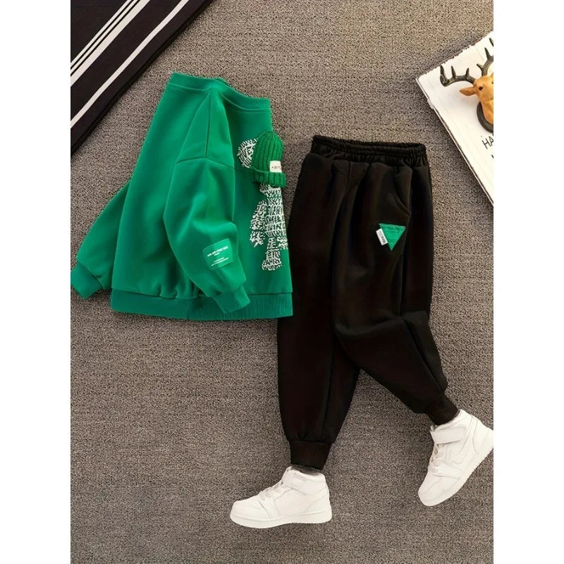 Boys' Two-Piece Sweatshirt and Pants Set for Fall and Spring