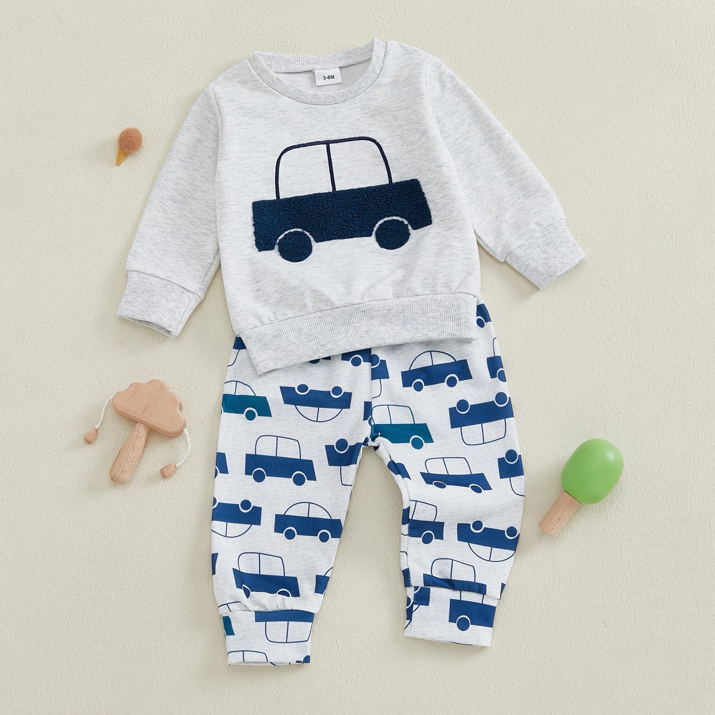 Baby Boys Fall Outfit Set - Car Embroidery Sweatshirt & Pants