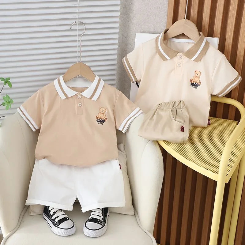 Summer Baby Cartoon Polo Tee and Shorts Set for Kids
