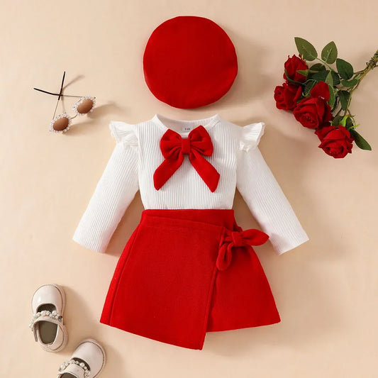 Toddler Girls Christmas Outfit Set with Bow Top and Skirt