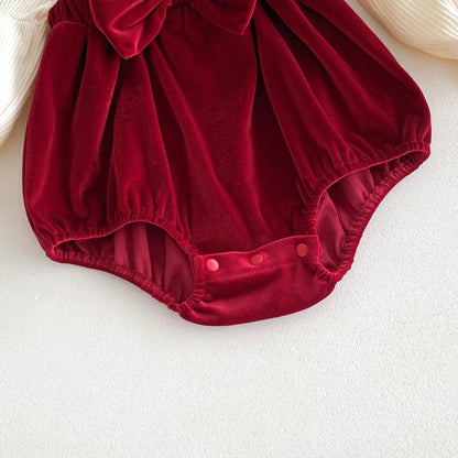 Burgundy Velvet Baby Romper with Bow and Ruffle 0-24M