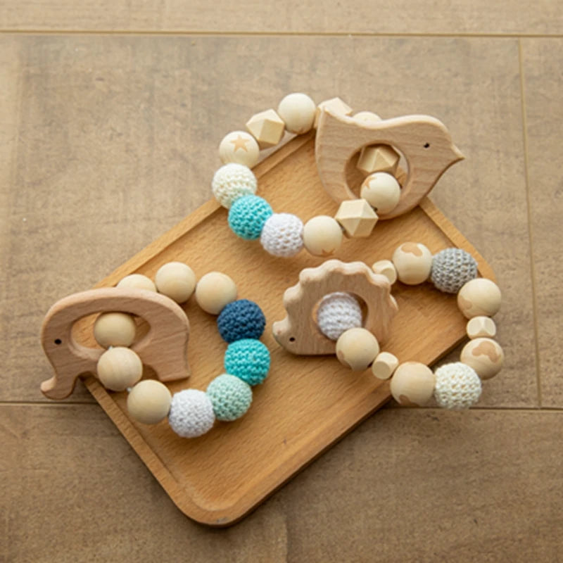 Wooden Animal Teether and Rattle Toy for Babies
