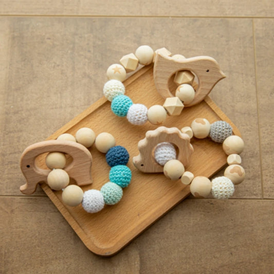 Wooden Animal Teether and Rattle Toy for Babies
