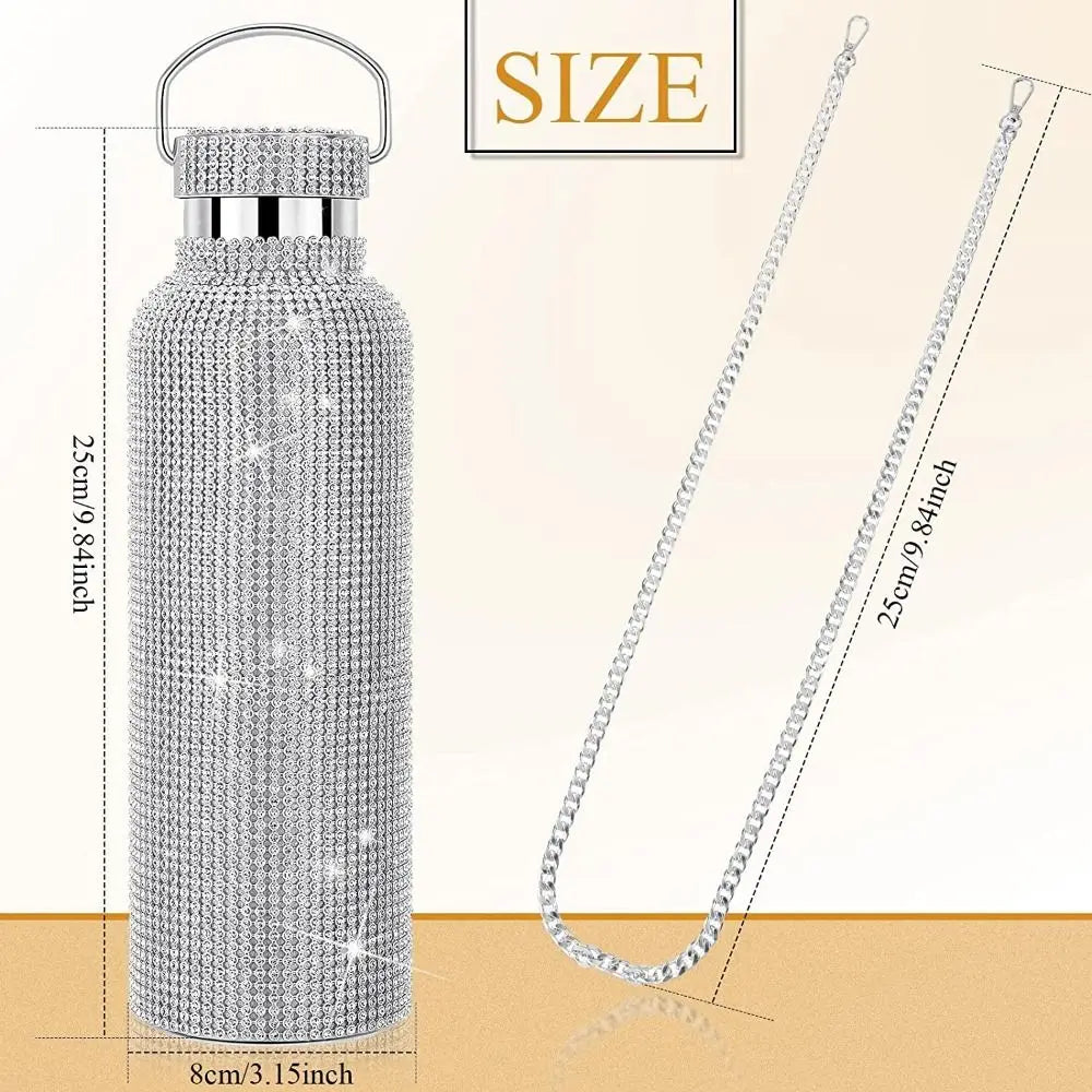 Rhinestone Stainless Steel Water Bottle with Carrying Strap