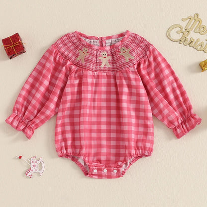 Baby Girl Christmas Plaid Bubble Romper with Embroidery