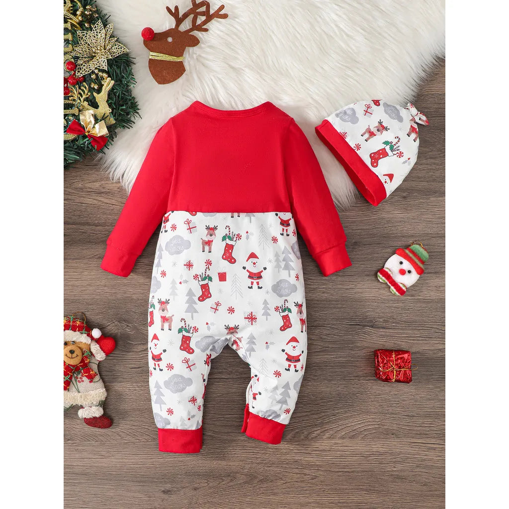 Santa Print Baby Boy Christmas Romper and Hat Set 0-2 Years