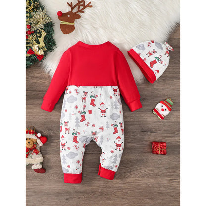 Santa Print Baby Boy Christmas Romper and Hat Set 0-2 Years