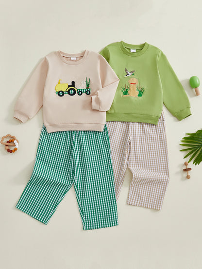 Boys' Long Sleeve Duck Embroidery Top & Plaid Pants Set