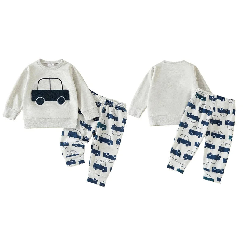 Baby Boys Fall Outfit Set - Car Embroidery Sweatshirt & Pants