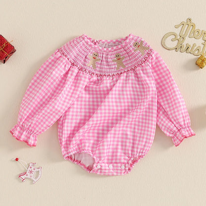 Baby Girl Christmas Plaid Bubble Romper with Embroidery