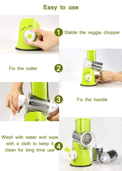 Manual Rotary Cheese Grater and Vegetable Slicer with 3 Interchangeable Stainless Steel Drums