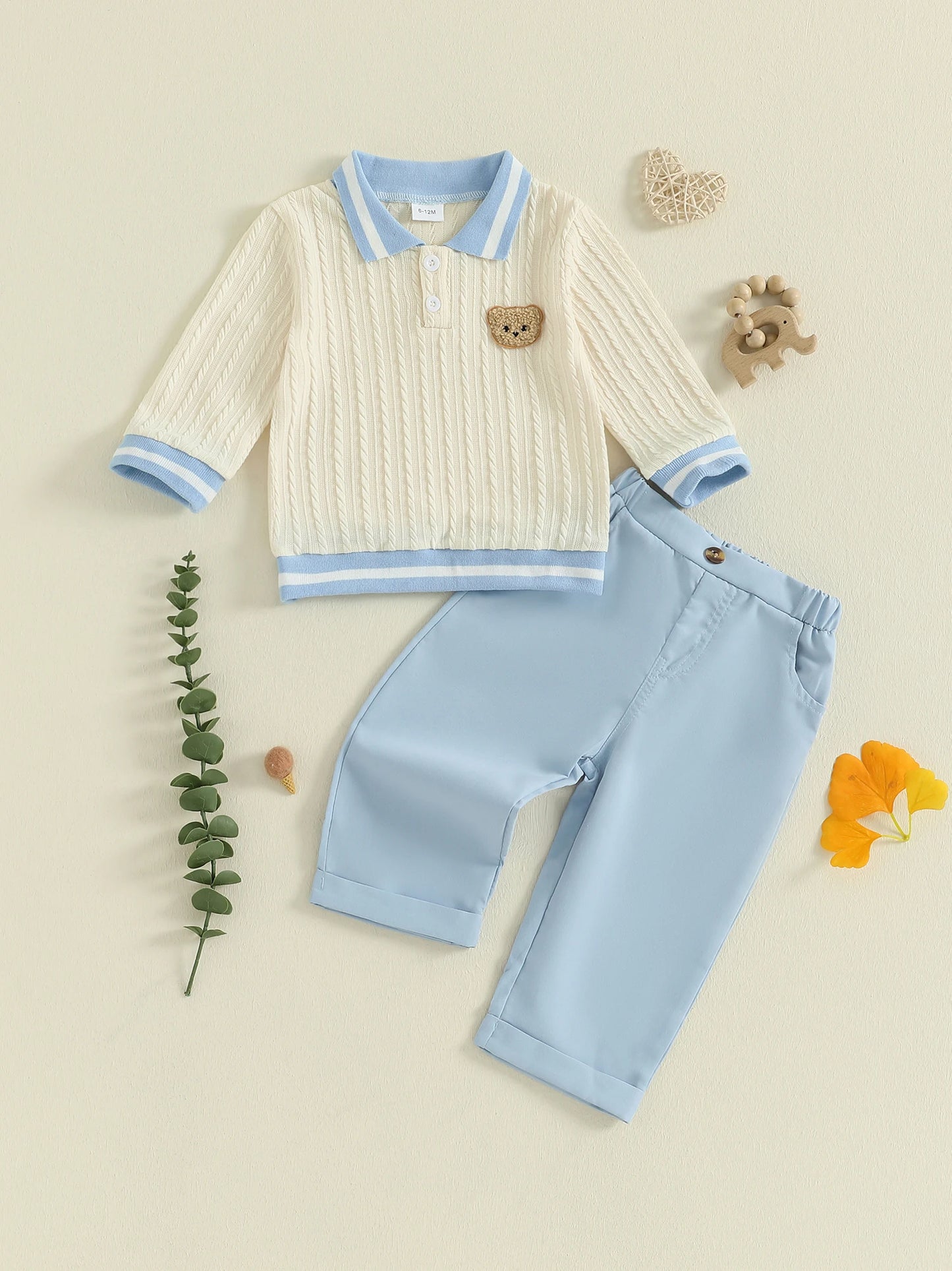 Baby Boy's Bear Embroidered Sweatshirt and Pants Set