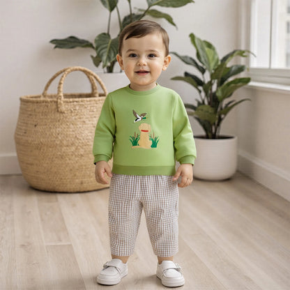 Boys' Long Sleeve Duck Embroidery Top & Plaid Pants Set