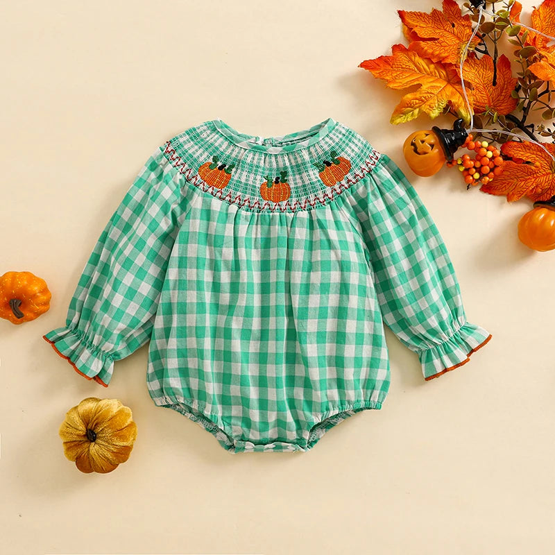 Baby Girl Christmas Plaid Bubble Romper with Embroidery