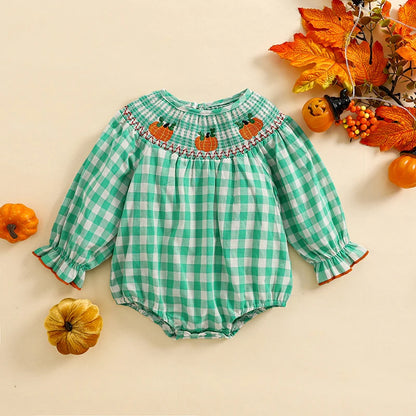 Baby Girl Christmas Plaid Bubble Romper with Embroidery