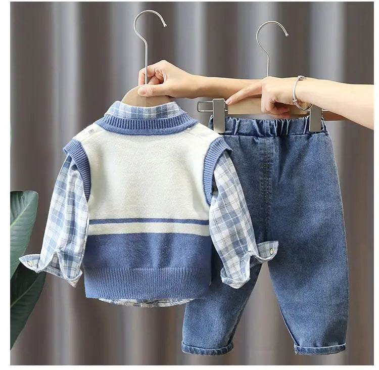 Boys' 3-Piece Autumn Outfit Set: Vest, Shirt & Jeans